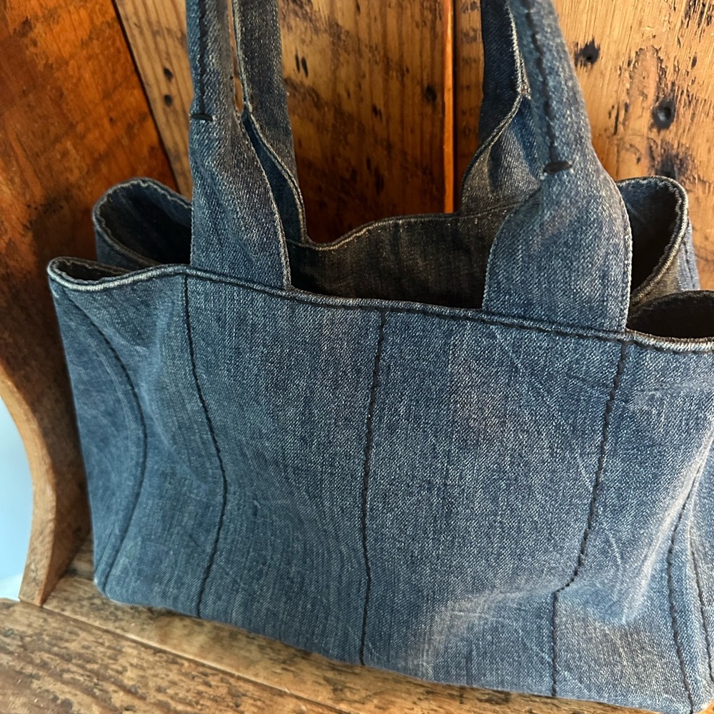 Prada Canapa Denim Tote Bag in Dark Blue with Logo - Picture 2 of 14